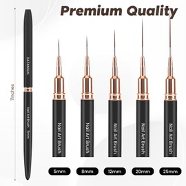 5PCS Nail Art Brushes Set with Pink Leather Case，【Metallic Material】 【Various Size】 【Light Weight】Nail Brush， Nail Brushes for Nail Art，Size：5mm,8mm,12mm,20mm,25mm，Black