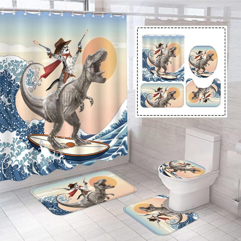 Yeoiat 4 Pcs Dinosaur Cat Shower Curtain Sets Funny Shower
