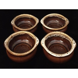 HF Coors China 4 Vtg HF Coors Brown Drip Glaze 4.5” Soup Chili Bowls Inglewood CA Double Handle