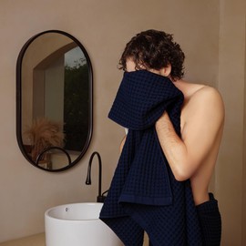 KOSMU Luxury Japanese Cotton Silk Waffle Bath Towel | Plush, Absorbent, and Quick Dry (Ocean Blue, Face Towel, 16" x 16")