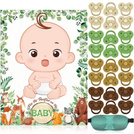 Faccito Pin The Pacifier on The Baby Game Woodland Animals Baby Shower Game with Sage Green Eucalyptus Animals Poster Blindfold 24 Pacifier Stickers for Shower Birthday Decorations Supplies