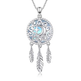 REDSUN Dream Catcher Necklace 925 Sterling Silver Moonstone Dream Catcher Pendant Star Moon Feather Chain Dream Catcher Jewellery Gifts for Women Teenager Girls, Sterling Silver