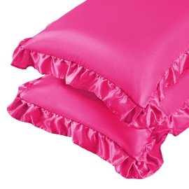 NSGZ Ruffled Satin Pillowcase Set of 2, Queen Size Silky Pillow Shams for Hair and Skin Care, Fuschia Satin Pillow Covers with Envelope Closure, Anti Wrinkle Pillow Cases for Glam Room Decor