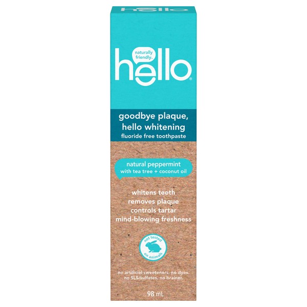 Hello Goodbye Plaque Hello Whitening Fluoride Free Toothpaste, Natural Peppermint with Tea Tree and Coconut Oil, Vegan, SLS Free, Gluten Free and Peroxide Free, 98 mL