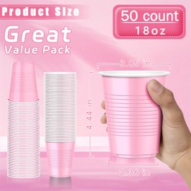 Dualshine 50 Pack Pink Plastic Cups 18 oz, Disposable Heavy Duty Drinking Graduation Cups for Party Wedding Birthday Valentine's Day Beer Serving Snack Sample Barbecues