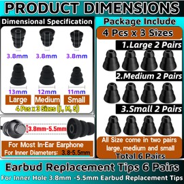 3 Flange Noise Cancelling Triple Flange Eartips Eargels Earpads Ear Tips Gels Bud Compatible with Inside Diameter 4mm-5mm Earbuds in-Ear Earphones（Inner Hole 4mm）,S/M/L,6 Pairs, Black (Black)