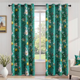 MYSKY HOME Floral Blackout Curtains 84 inch Long for Living Room Vintage Mid Century Style Lemon Hummingbird Patterned Room Darkening Privacy Drapes Grommet Living Dining Room, 2 Pcs, 52"W, Deep Green