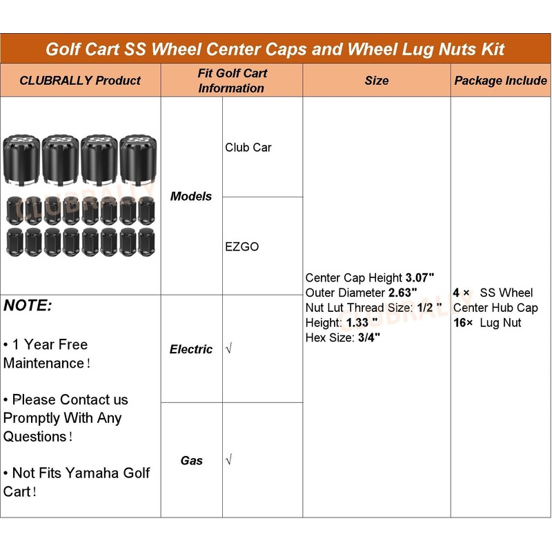 CLUBRALLY Black Golf Cart Center Caps & Wheel Lug Nuts