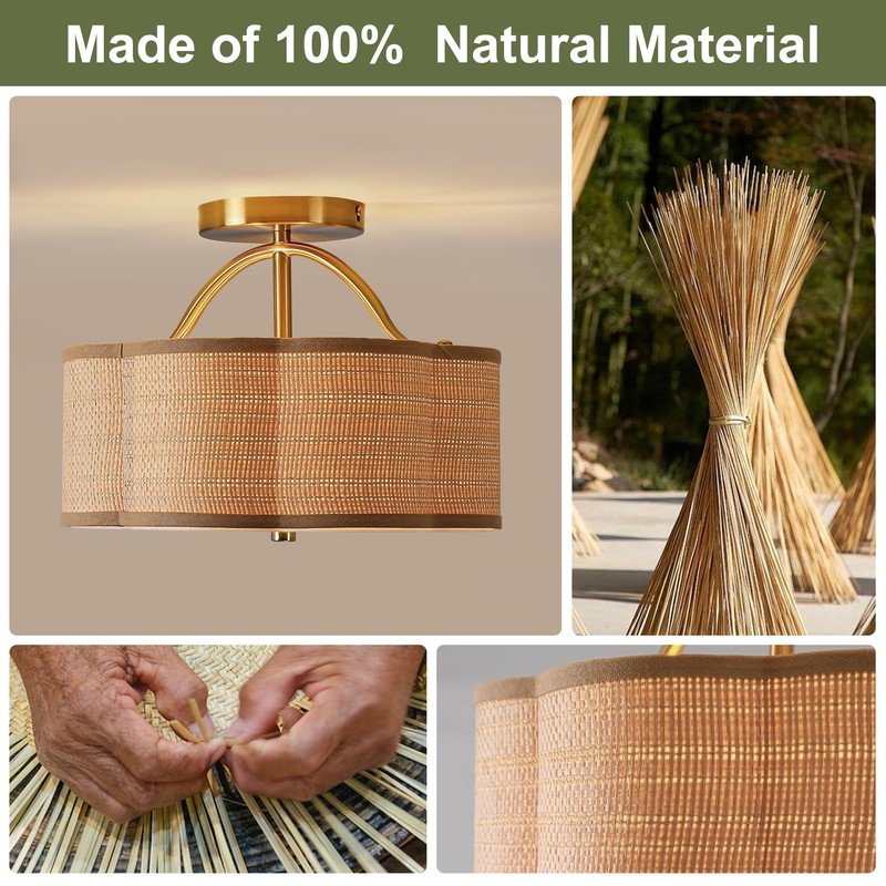Joyartic 13" Rattan Semi Flush Mount Ceiling Light 3-Light Boho