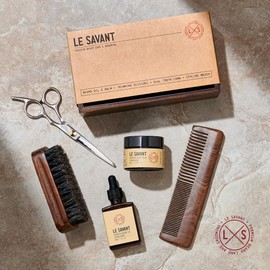 Le Savant Beard Grooming Kit - Premium Beard Oil, Beard Balm, Sandalwood Comb, Styling Brush & Stainless Steel Scissors - Sandalwood Scent - Wooden Gift Box.