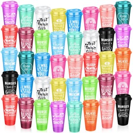 40 Pcs Nurse Appreciation Gifts Bulk 16oz Reusable Plastic Cups with Lids Thank You Tumbler for Nurse Week Practitioner Graduation Birthday(Multicolor,Cute)