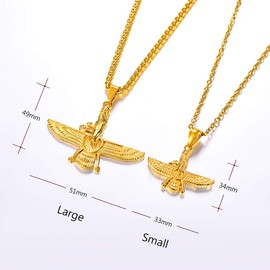 U7 Farvahar Pendant 18K Gold Plated Link Chain Sun Disc Wing Ancient Persian Egypt Necklace for Men Women