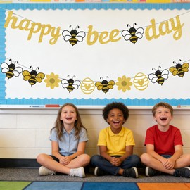 Bee Birthday Party Decorations,Glitter Gold Happy Bee Day Banner with Bumblebee Daisy Banner,Bumblebee Themed Party Decor Supoplies