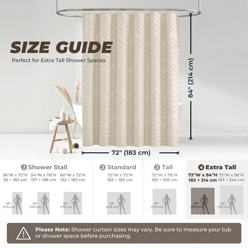 TURKIO 84 Inches Extra Long Beige Shower Curtain Boho Neutral