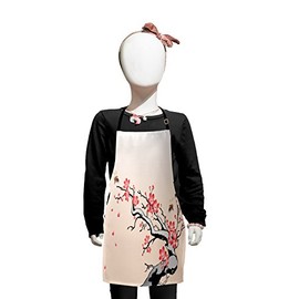 Lunarable Nature Apron, Flowering Cherry Branch Flying Bees Summer Garden Windy Day Nature Artwork, Small Apron Bib with Adjustable Ties for Baking Painting, Small Size, Pink Black Grey