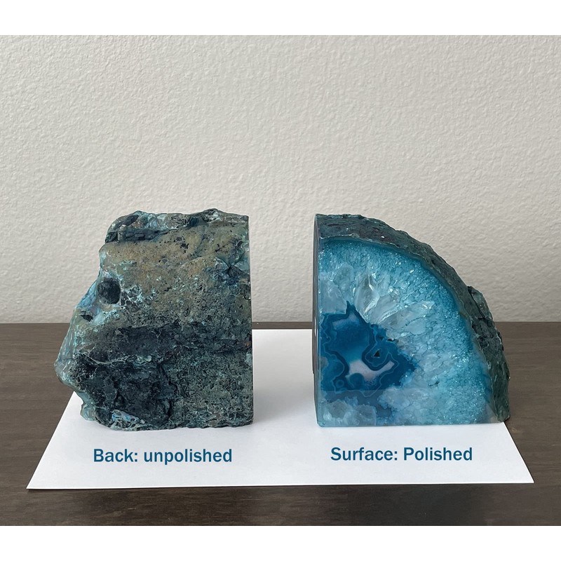 AMOYSTONE Teal Agate Geode Bookends, Unique Natural Crystal Book Holder