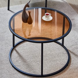 SAYGOER Glass Coffee Table Round Modern Coffee Tables Small Mid Century Coffee Table for Living Room Home Office Simple Retro Table Top with Metal Frames, Easy Assembly, Brown Black