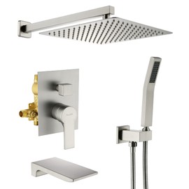 SHAMANDA Shower System with Waterfall Tub Spout and Handheld Shower Head, 12" Rain Shower Faucet Sets Complete with Shower Round-in Valve and Trim Wall Mount, Brushed Nickel, L101-2