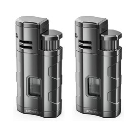All in One Cigar Torch Lighter Windproof Triple Jet Flame Lighter Refillable Gas Fire Lighter Briquet Heavy Duty with Punch and Butane Window (2 Pack Metal Grey/without Butane)