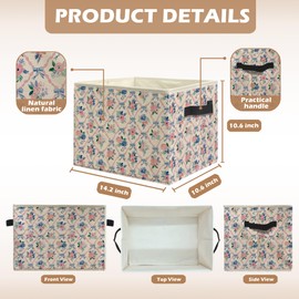 uinwk Grandmillennial Pink Rose Floral Storage Bins, Preppy Coquette Pink and Blue Bow Collapsible Storage Box Laundry Basket with Handle for Home Bedroom Bathroom Office Clothes Books