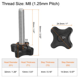 HARFINGTON 2pcs Star Clamping Knobs M8 x 50mm Metric Male Thread 32mm 4-Point Plastic Head Threaded Stud Knob Hand Tightening Thumb Screw Jig Handle, Black