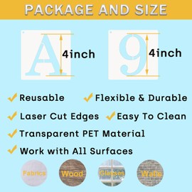 ASMPIO 4 Inch Letter Stencils Numbers Craft Stencils, 40 Pcs Reusable Plastic Alphabet Drawing Templates for Painting on Wood, Wall, Fabric, Rock, Signage, Door Porch