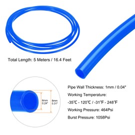 sourcing map Pneumatic Air Line Tubing 8mm OD x 6mm ID 5 Meters(16.4 FT) Air Compressor Nylon Tubes Polyamide Air Tubing Hose Tube for Air Compressor Water Fluid Transfer, Blue