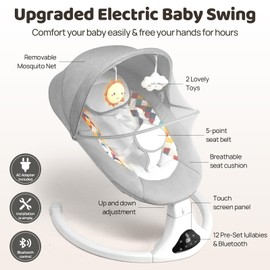 Baby Swing for Infants, Bluetooth Infant Swing with Remote Control, Portable Baby Swings with 5 Speeds, 5 Point Harness Belt, Modern Design for Newborn (Max 20 lbs Gray)