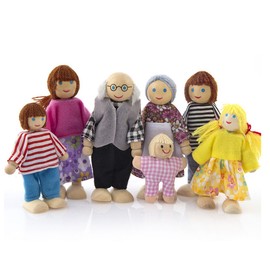 HYSTYLE 7 Pack Poseable Wooden Doll Dollhouse Dolls Wooden Doll Family Pretend Play Figures, Family Role Play Pretend Play Mini People Figures (Classic People)