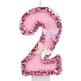 Velas de números de cumpleaños de 2.95 pulgadas, velas de números rosa con purpurina para decoración de pastel, velas de cumpleaños de mariposa con le