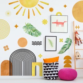 RAINBOW WSK Boho Sun Wall Decals Watercolor Sunshine Arch Palm Plants Wall Stickers Yellow Dots Half Sun Wall Decor for Kids Removable Peel and Stick Wall Mural for Bedroom Nursery Classroom MS2353-KQ