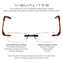 Visualites 8 Tortoise 2.25 Power Lightweight Rimless Readers For Men and Women