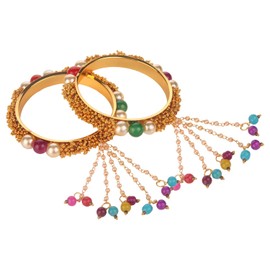 Efulgenz Indian Bangles for Women Fashion Jewelry Indian Bollywood Faux Pearl Bead Lumba Bracelet Rakhi Bridal Tassel Bangle Set (2 Piece)