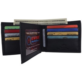Swiss Marshall Men's RFID Blocking Premium Leather Bifold Multi-Card Compact Center Flip Wallet (Black)