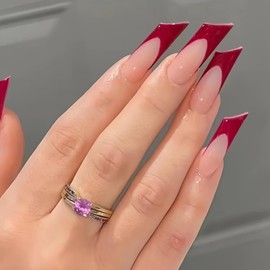 24 Pcs Red French Tip Press on Nails Long Fake Nails with Glue Lipstick shape False Nails with Design Glossy Full Cover Acrylic Nails Press ons Holiday Glue on Nails Reusable Stick on Nails for Women