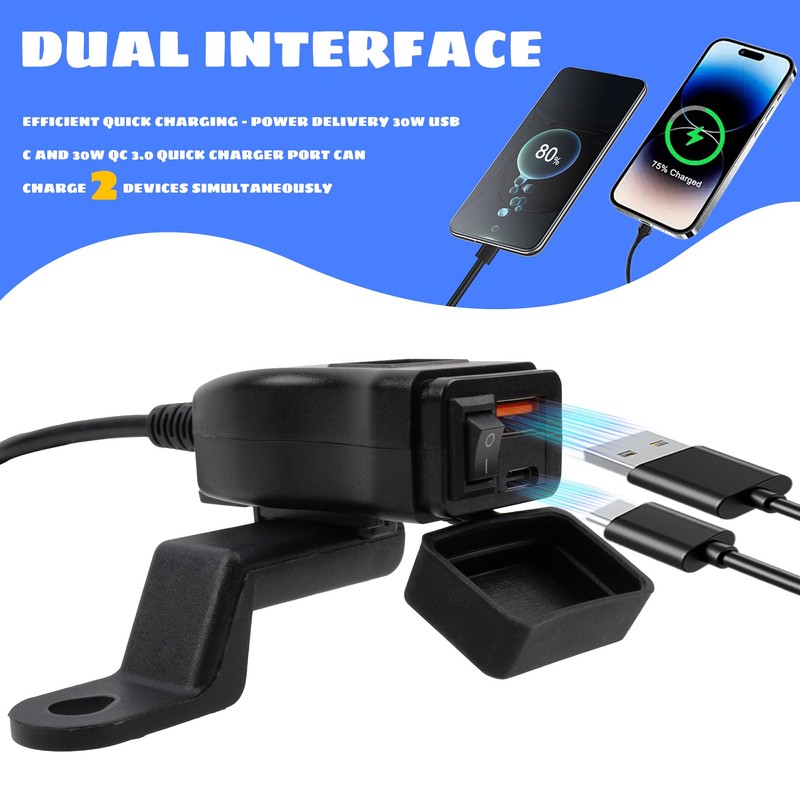 ABCERRSI Motorcycle USB Charger QC 3.0 Phone Charger Dual USB