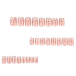 IMRAIN Press on Nails Short Square Fake Nails Nude White Gradient Nails Press Ons Glossy Nature Acrylic False Nails with Silver Glitter Line Designs Glue on Nails for Women Girls 24Pcs