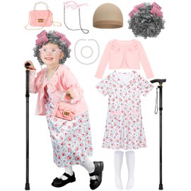 Luces 100th Days of School Costume for Girls, Old Lady Dress Up for Kids, 100th Day School Granny Wig Cane Accessories Outfit