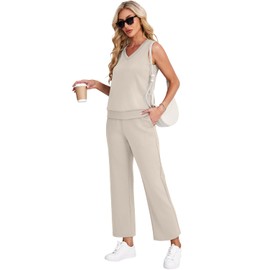 WIHOLL 2 Piece Sets for Women Dressy Lounge Wear Summer V Neck Matching Sets Wide Leg Crop Pants Comfortable Travel Outfits Beige L
