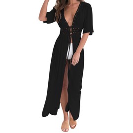 Petalum Women's Summer Boho Kimono, Long Beach Cardigan, Lightweight Beachwear, Bikini Cover-Up, Maxi Beach Dress - A-Line Black