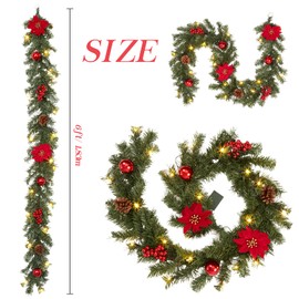 Adeeing 6 ft Christmas Garland with Lights, Pre-lit Christmas Garland with 20 LED Ligts Pinecones Red Berries Poinsettia, Indoor Outdoor Garland for Home Fireplace Staircase Decoration
