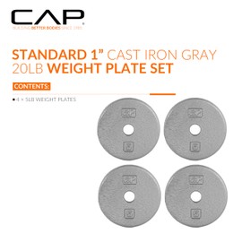 CAP Barbell Cast Iron Standard 1-Inch Weight Plate Set – Barbell Weights for Home Gym, Strength Training, and Weightlifting, 5 lb Set of 4, Gray