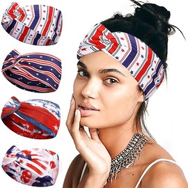 Diulazin 4PCS Patriotic Headband American Flag with Twisted Knot Design Hair Band Knot，Stretchy Athletic Headband Wide Knot Head Wraps Unisex for Independence Day Yoga Running Exercise (headband-01)