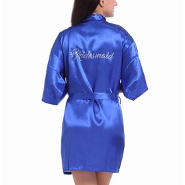 Lovacely Kimono corto de satén para mujer, para dama de honor, boda, fiesta, preparación, batas con diamantes de imitación, Azul Royal, S