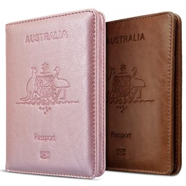 2 Pack Passport Holder Travel Cover Case, T Tersely Leather RFID Blocking Passport Travelling Wallet Holder ID Credit Cards Cover Case for Boarding Passes (Brown+Rose Gold)