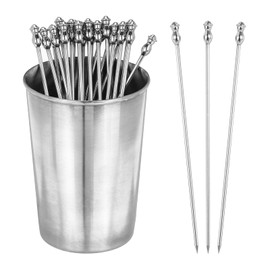 PATIKIL Stainless Steel Cocktail Toothpicks 4.3Inch, 24 Pack Cocktail Picks Reusable Cocktail Skewers with A Storage Cup for Wedding Events Family Gatherings Afternoon Tea Bars, Silver