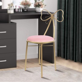 Headery Pink Bow Vanity Chair with Velvet Cushion,Metal Chair Stool Lounge Dresser Seat Stool for Makeup,Vanity Makeup Chair with Butterfly Backrest for Gift Children Girl Dresser (Light Pink)