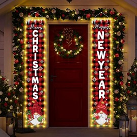 Merry Christmas Door Banner, Red Black Buffalo Plaid Christmas Porch Sign Decorations Xmas New Year Holiday Decor for Home Front Door Yard Holiday Party