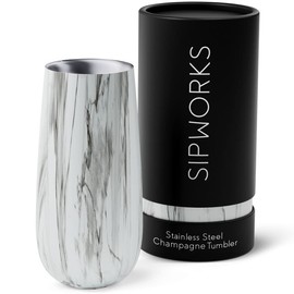 Sipworks Champagne Tumbler - 8oz Stainless Steel Wine Tumbler with Double Walled Vacuum Insulation - Spill Resistant, Shatterproof Insulated Champagne Flutes for Travel & Parties - White Marble