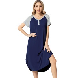 NACHILA Nightgowns for Women-Viscose Made from Bamboo, Button Down Nightshirt Short Sleeve Sleepwear Cool Sleepdress Navy Blue S